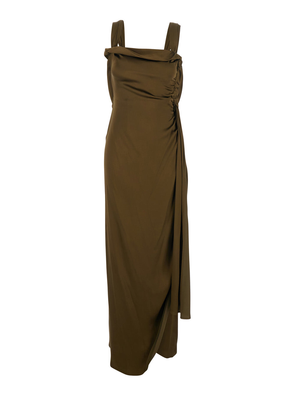 Brown Long Dress in Silk Blend with Asymmetrical Design and Draped Detail Woman Acetate