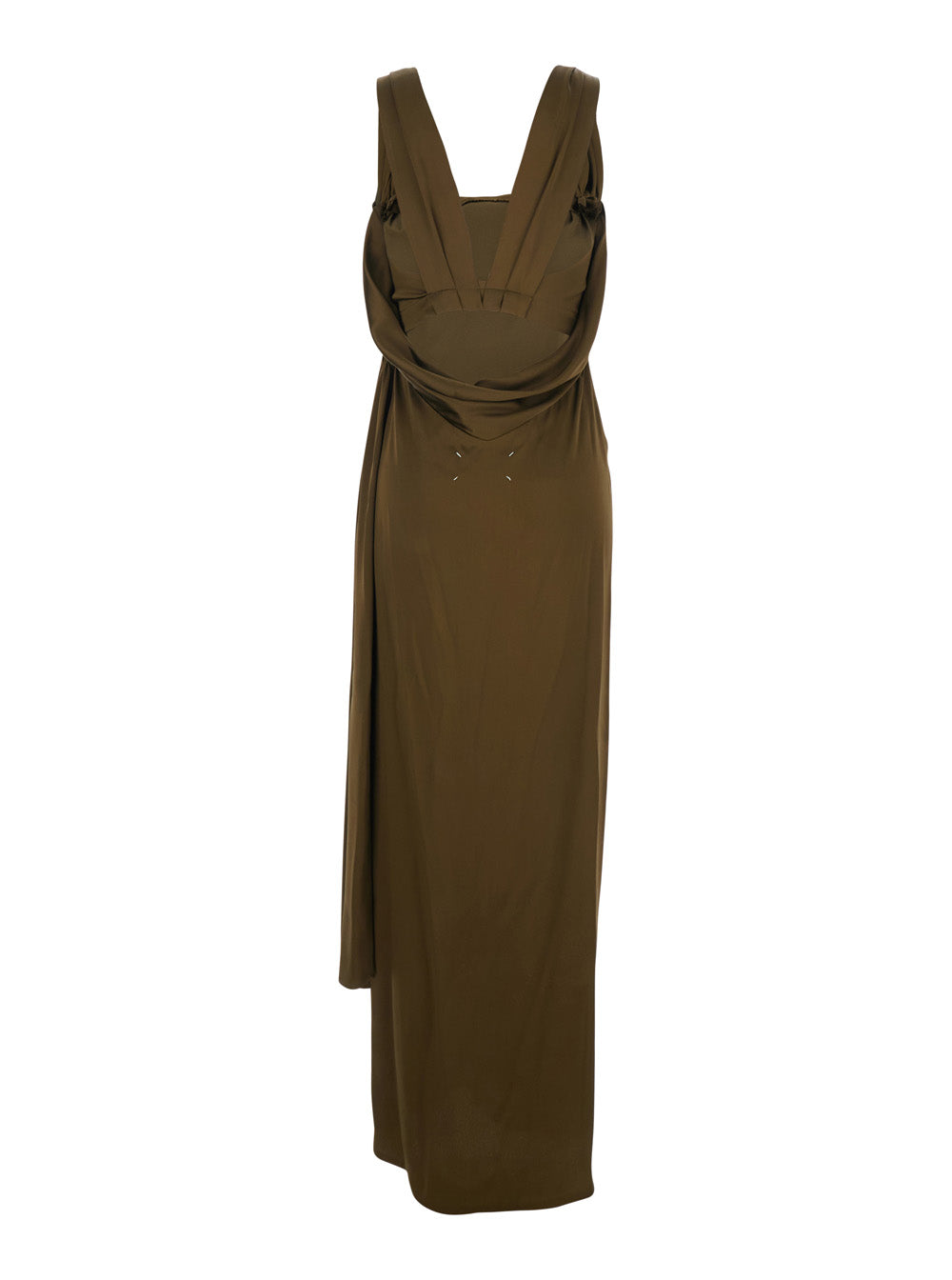 Brown Long Dress in Silk Blend with Asymmetrical Design and Draped Detail Woman Acetate