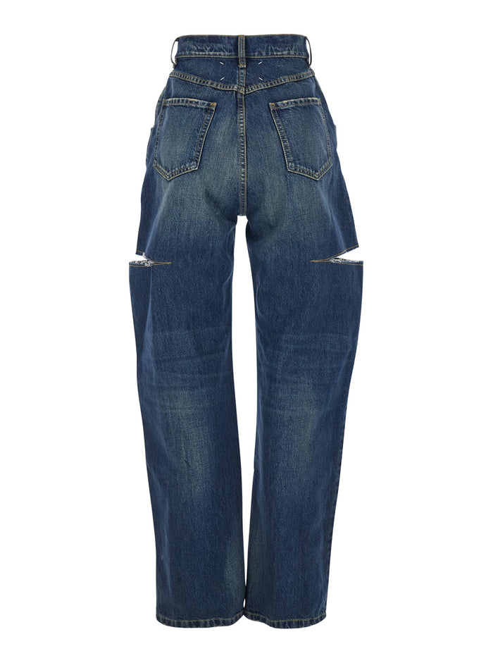 Blue Five-pocket design Jeans with Rips in Cotton Denim Woman Blu