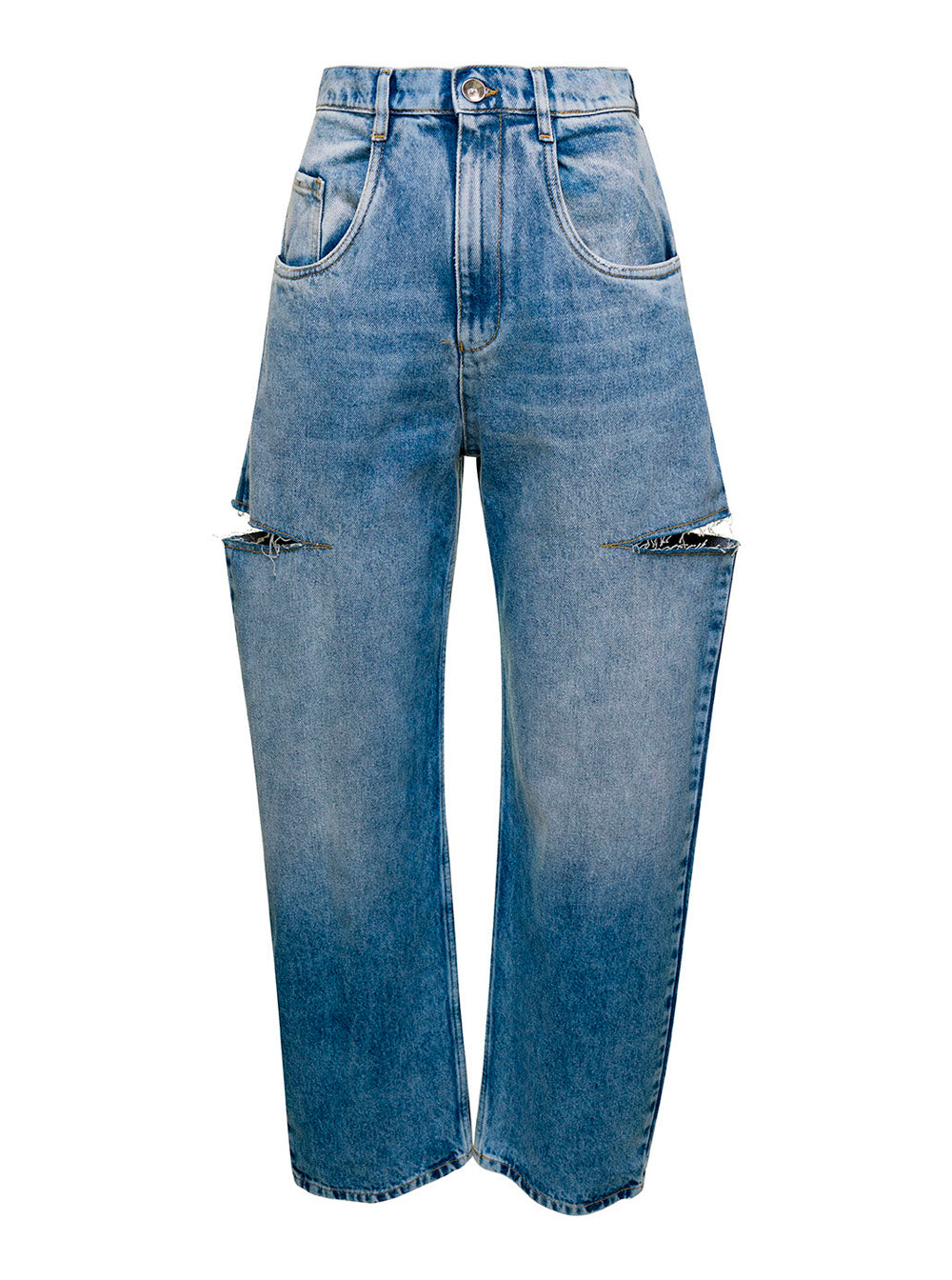 Blue Jeans with Cut-Out Details and washed out Effect in Denim Women Blu Cotton