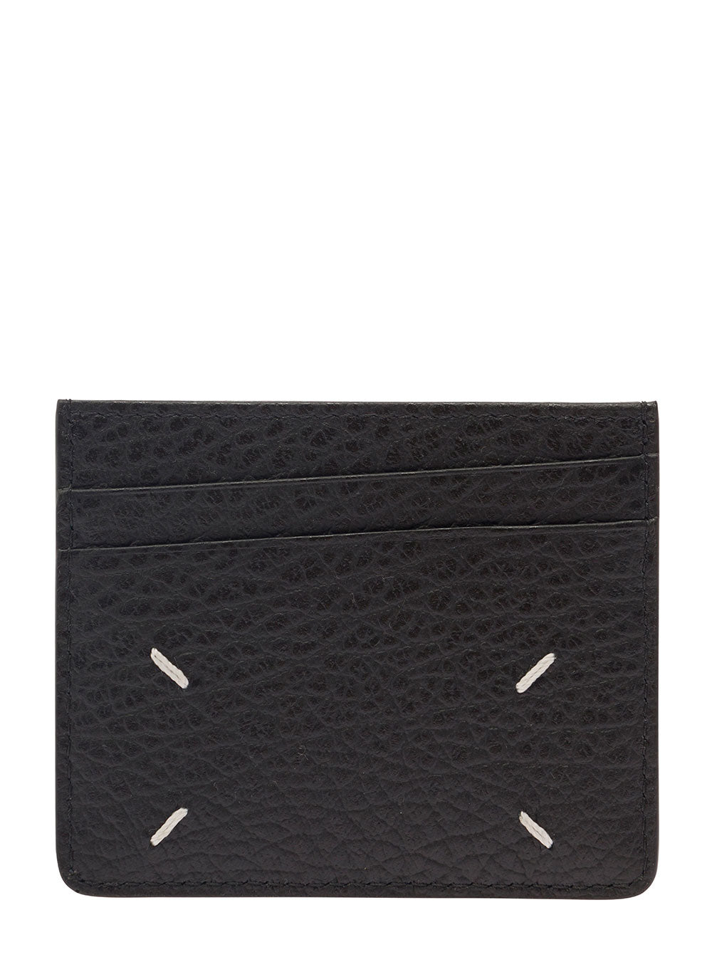 Black Card holder with four stitches on the back in grained leather for women Calf Products