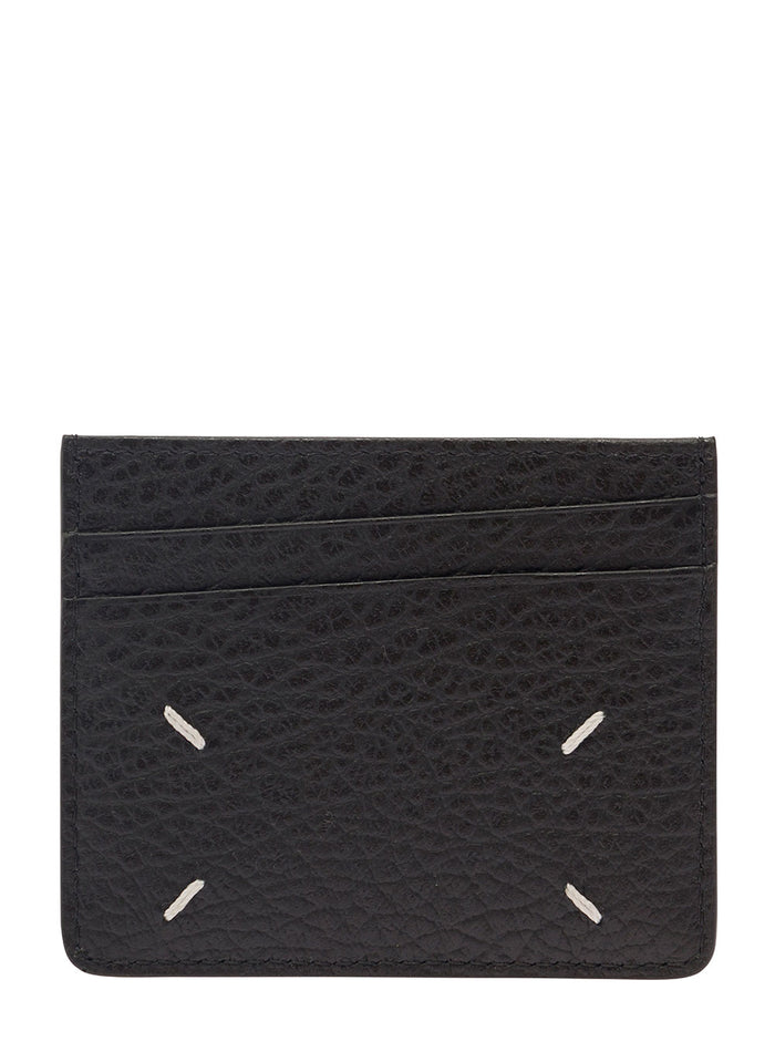 Black Card holder with four stitches on the back in grained leather for women Calf Products