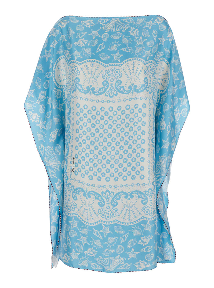 Mary Dress Blue with V-Neck and Short Sleeves in Silk for Women Light Beachwear
