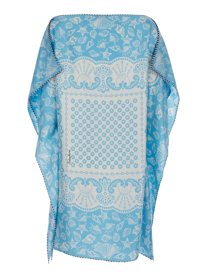 Mary Dress Blue with V-Neck and Short Sleeves in Silk for Women Light Beachwear