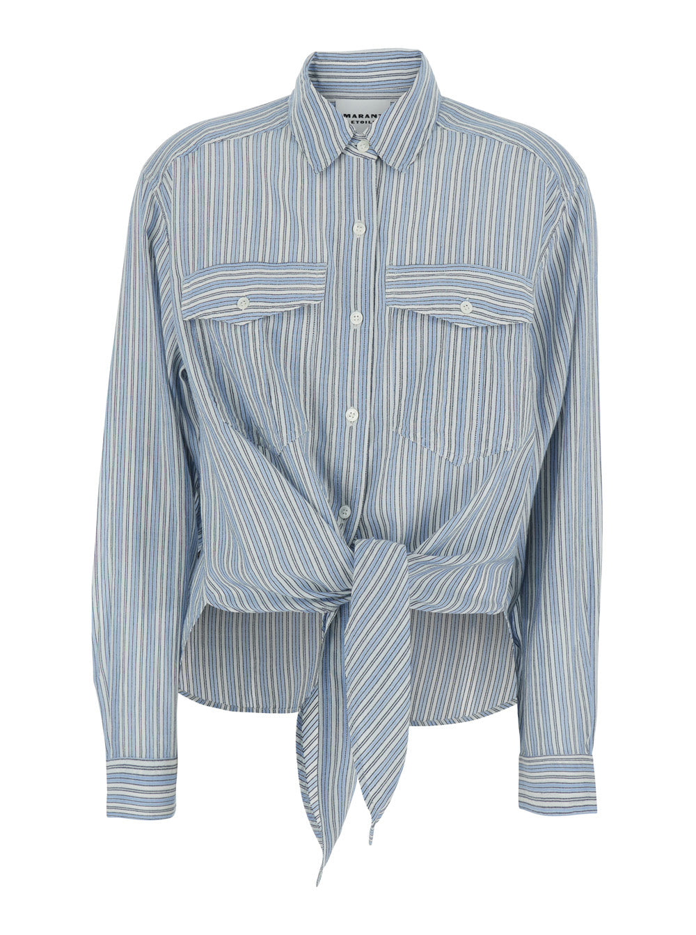 Shirt Nath with Bow on the Front and All-Over Striped Motif in Blue Cotton for Women Light Blouses