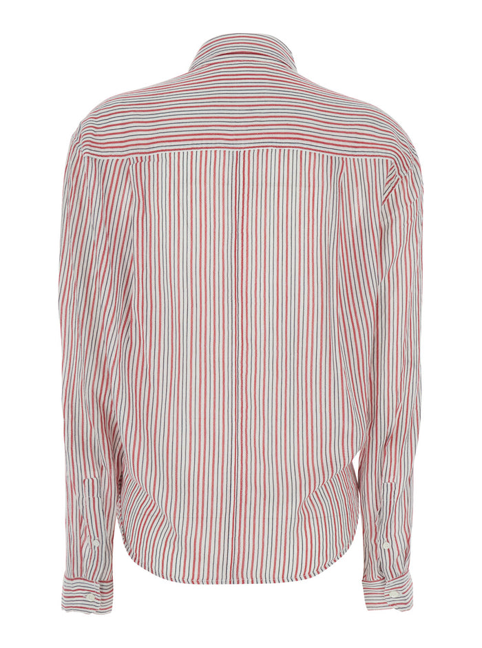 Shirt Nath with Bow on the Front and All-Over Stripe Motif in Red Cotton for Women Blouses