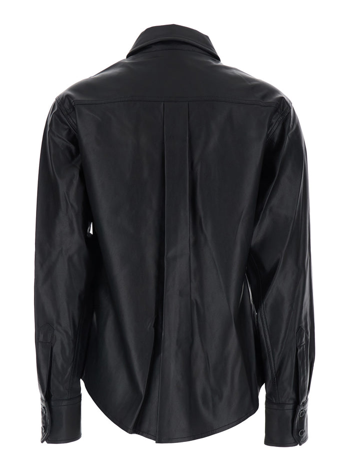 Shirt Noee with Classic Collar and Applied Pockets on the Front in Black Ecoleather for Women Polyurethane Blouses
