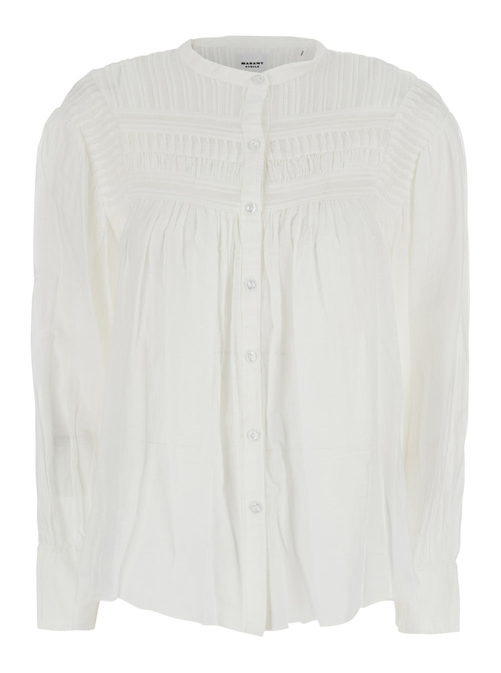 Dress Plalia with Pleated Inserts and Long Ruffled Sleeves in White Cotton Blend for Women Shirts Blouses