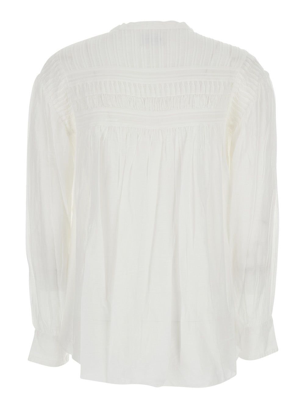 Dress Plalia with Pleated Inserts and Long Ruffled Sleeves in White Cotton Blend for Women Shirts Blouses