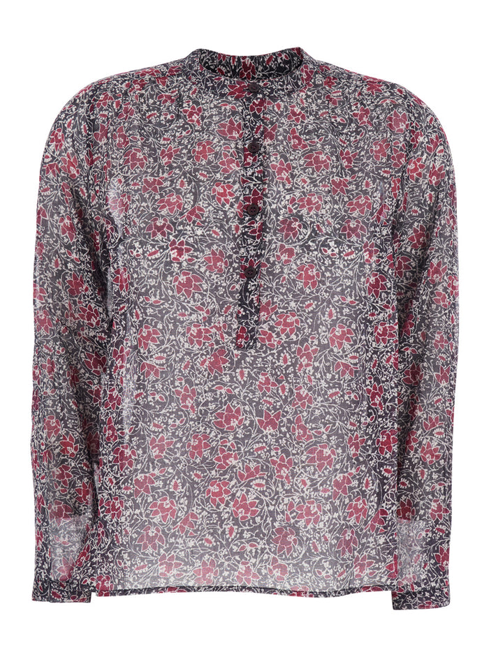 Maria Dress with Henley Neck and Buttons Floral Print in Purple for Women Violet Cotton Shirts Blouses
