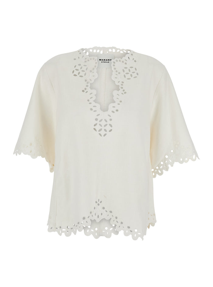 Shana Caftan with Cut-Out Details and Scalloped Hem in White Cotton for Women Shirts Blouses