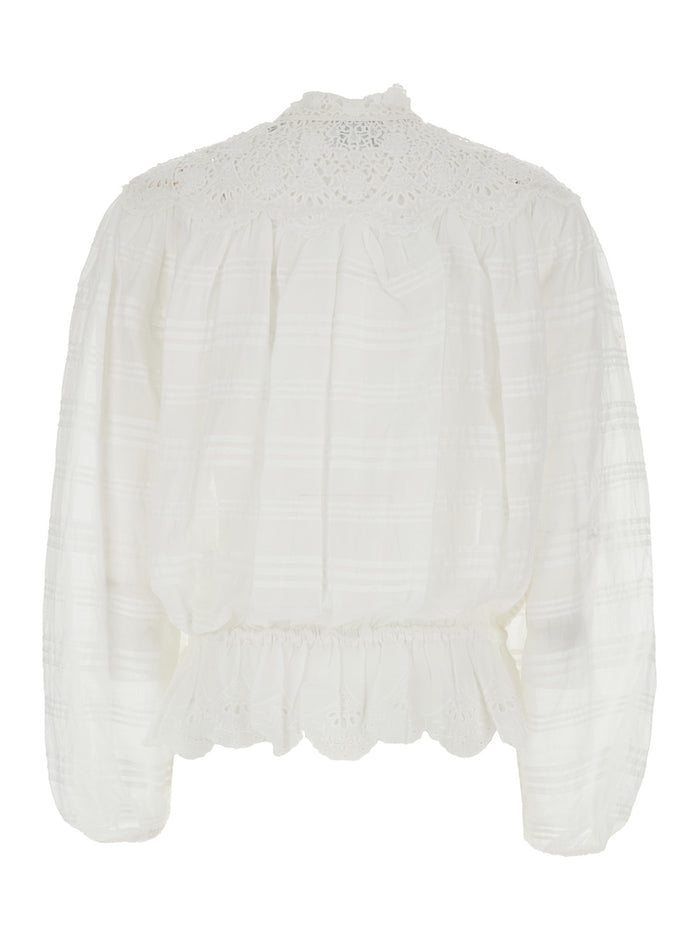 Polly Dress with Choker Neckline and Adjustable Waist Drawstring Pompon in White for Women Cotton Shirts Blouses
