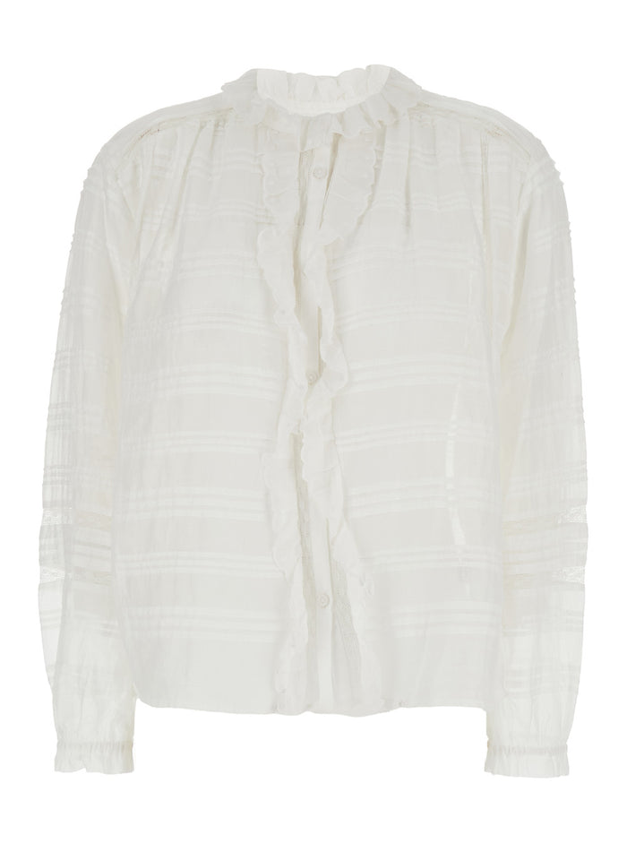 Blouse Peline with Choker Neckline and Details in Lace Cotton Pleats White Women Shirts Blouses