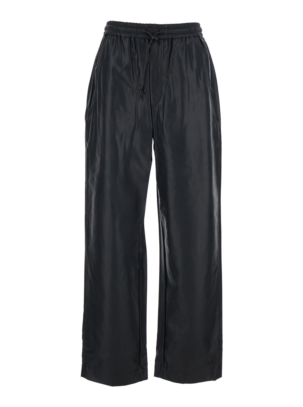 Nereane Pants with Elastic Waist and Ecoleather Pockets for Women Black Polyurethane Trousers