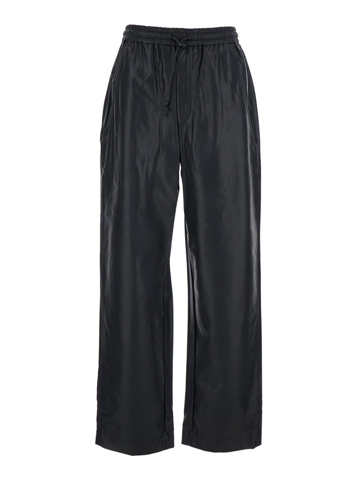 Nereane Pants with Elastic Waist and Ecoleather Pockets for Women Black Polyurethane Trousers