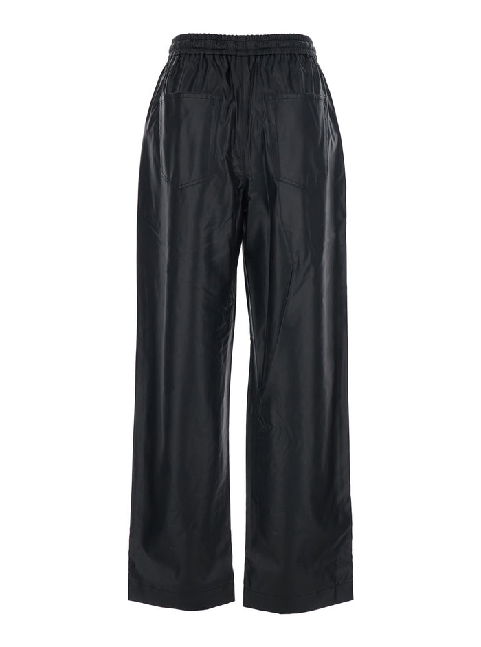 Nereane Pants with Elastic Waist and Ecoleather Pockets for Women Black Polyurethane Trousers