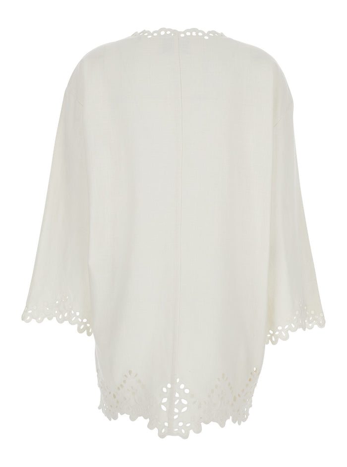 Dress Sherazade Crew Neck with Cut-Out Details and Scalloped Hem in White Cotton for Women Beachwear