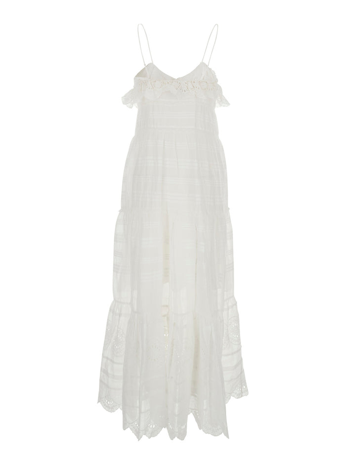 Long Dress PAULE-GB White with Sleeves and V-Neck in Viscose for Women