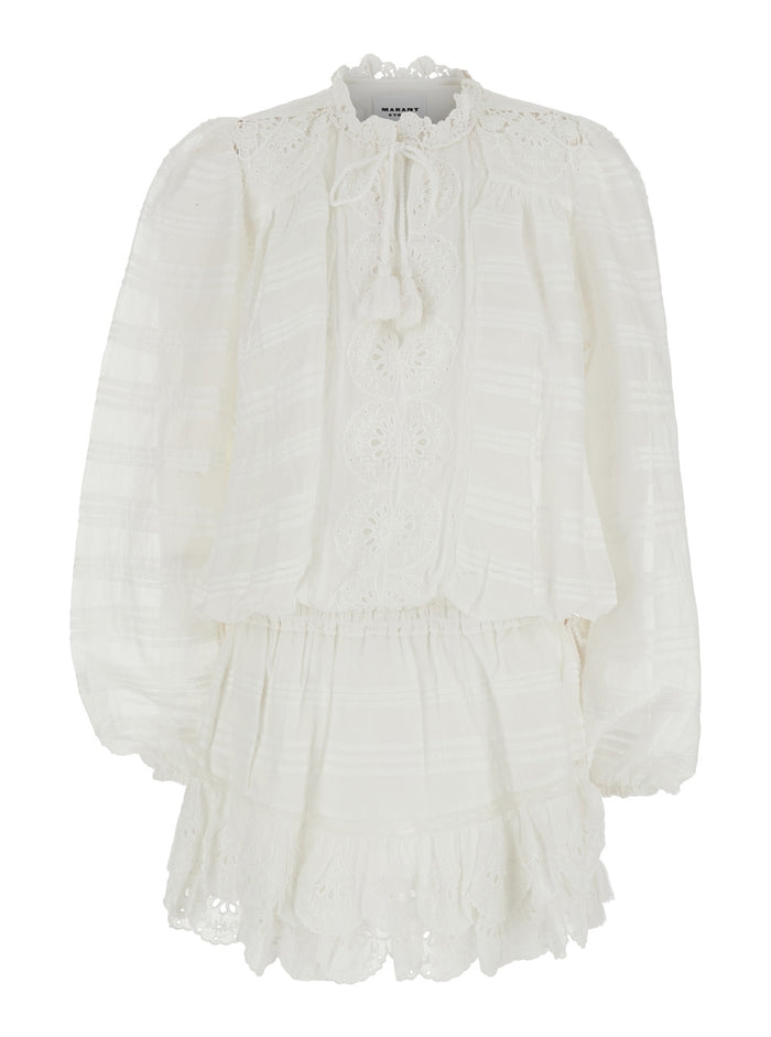 Short Dress Preya with All-Over Embroidery and Tassel Detail in White Cotton Blend for Women Polyester