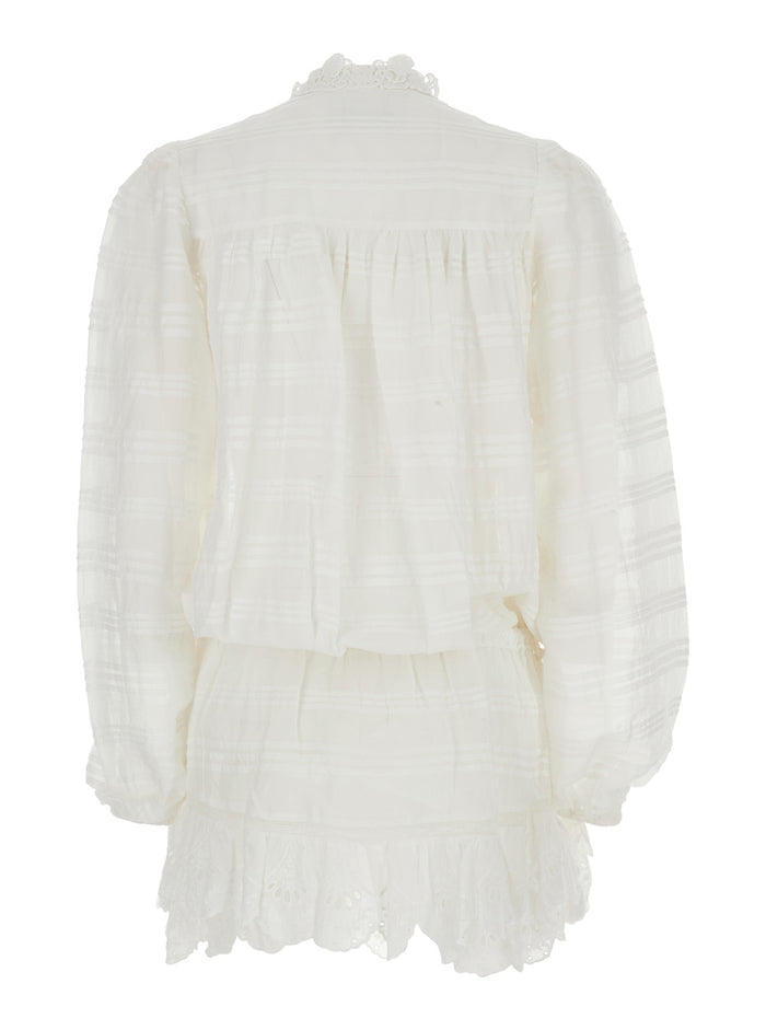 Short Dress Preya with All-Over Embroidery and Tassel Detail in White Cotton Blend for Women Polyester
