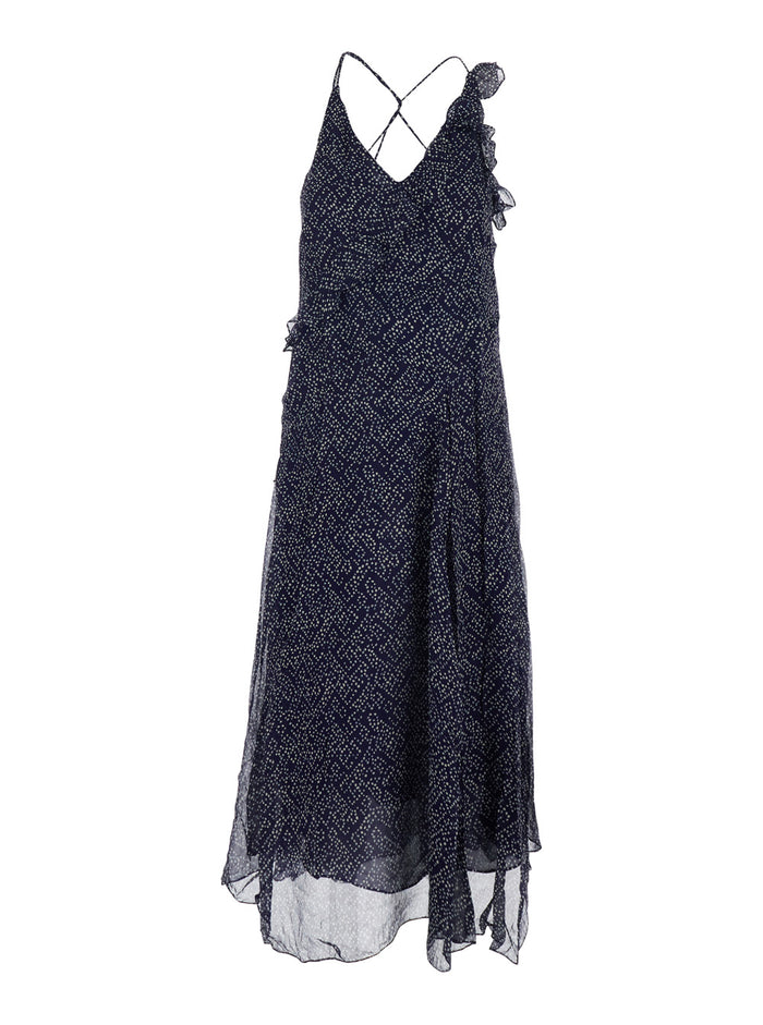 Dress Luxie Flared with V-Neck Ruffles and All-Over Print in Blue Viscose for Women Blu Long