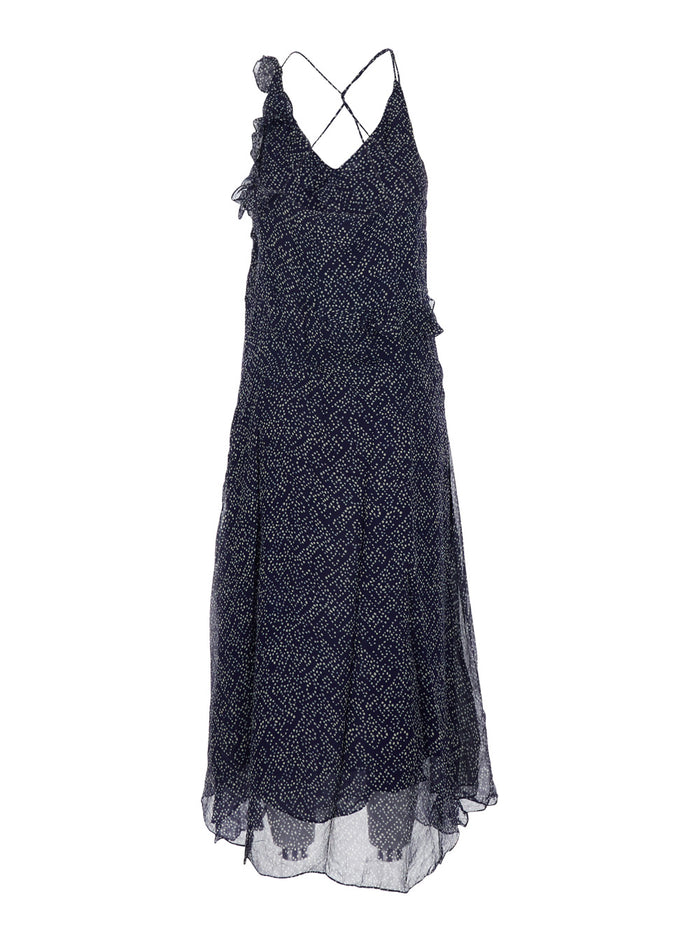 Dress Luxie Flared with V-Neck Ruffles and All-Over Print in Blue Viscose for Women Blu Long