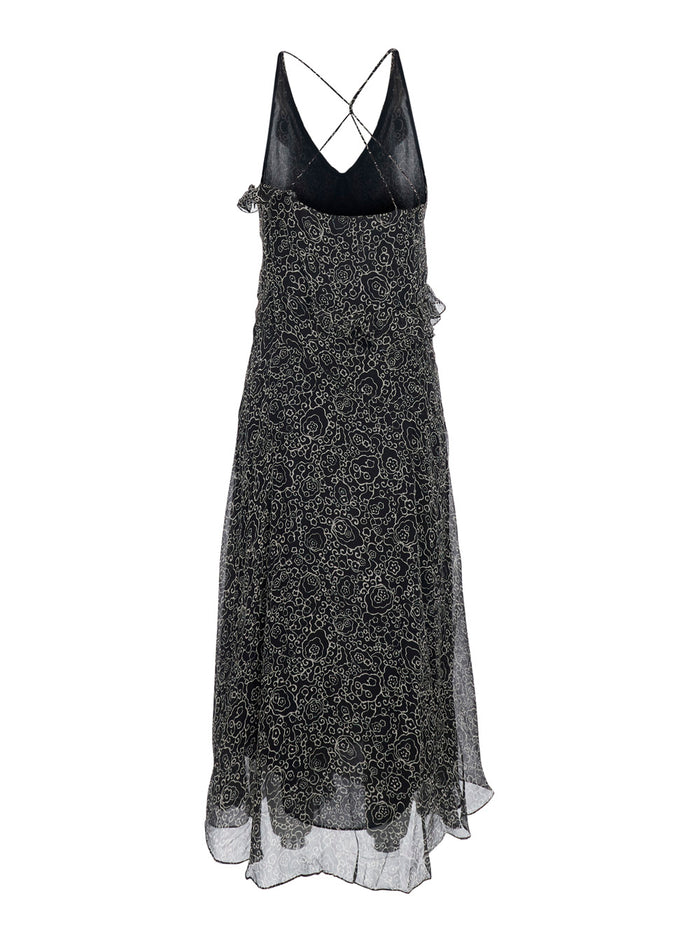 Long Dress LUXIE-GB Black with V-Neck and Sleeves in Viscose for Women