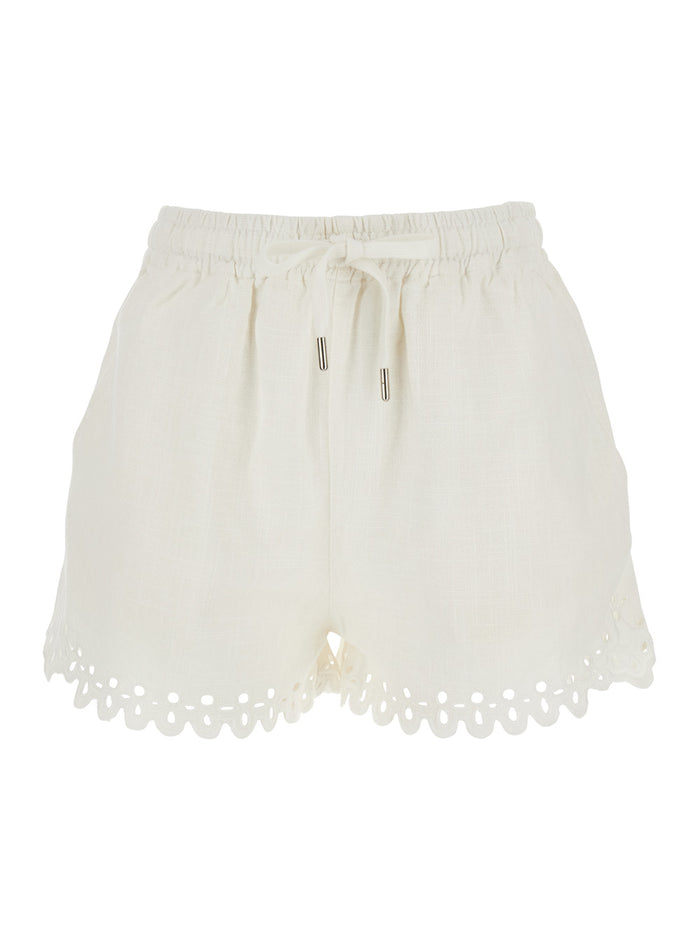 Balyme Shorts with Elastic Waist and Drawstring Scalloped Hem in White Cotton for Women Bermuda