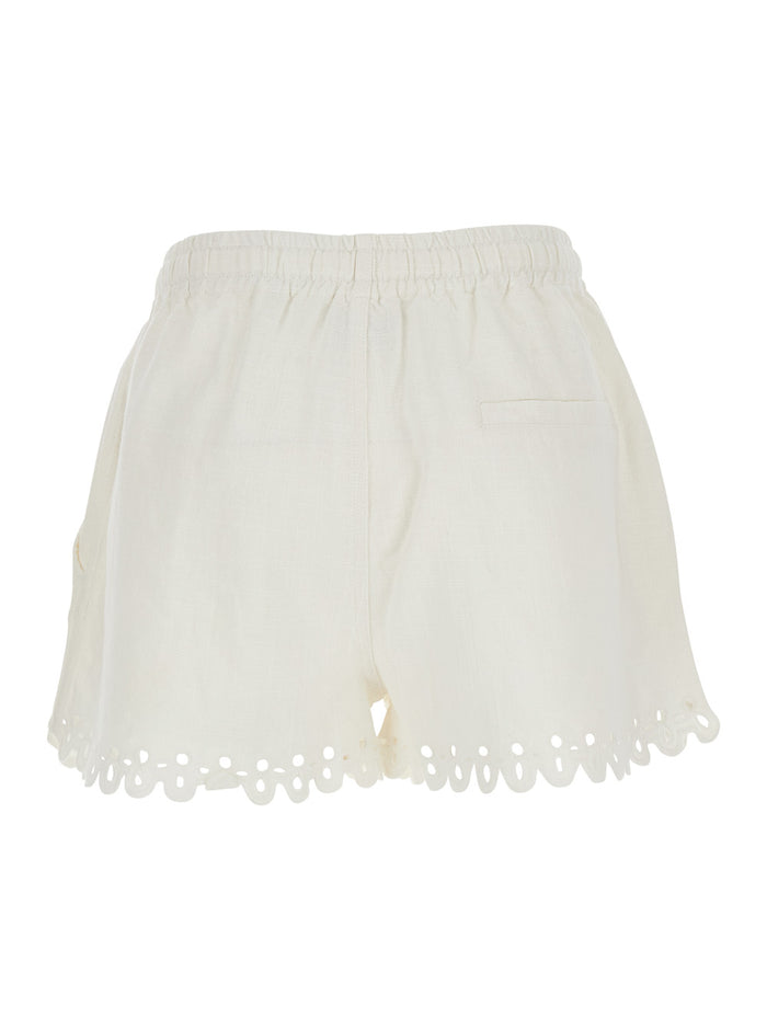 Balyme Shorts with Elastic Waist and Drawstring Scalloped Hem in White Cotton for Women Bermuda