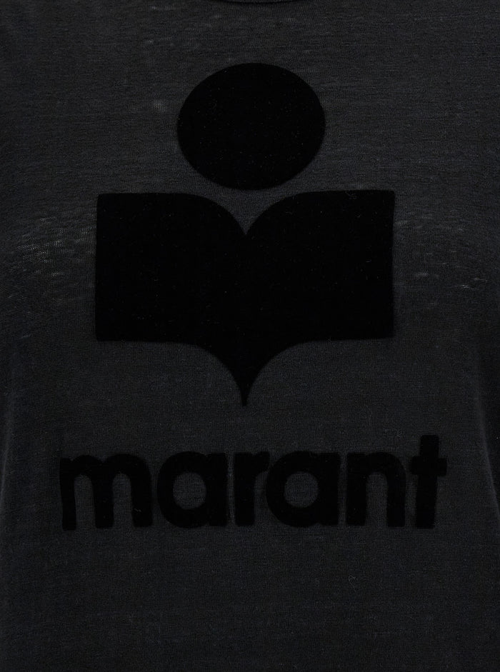 Black T-Shirt with Tone-on-Tone Logo Print in Linen for Women Polyester Tshirts And Polo Shirts