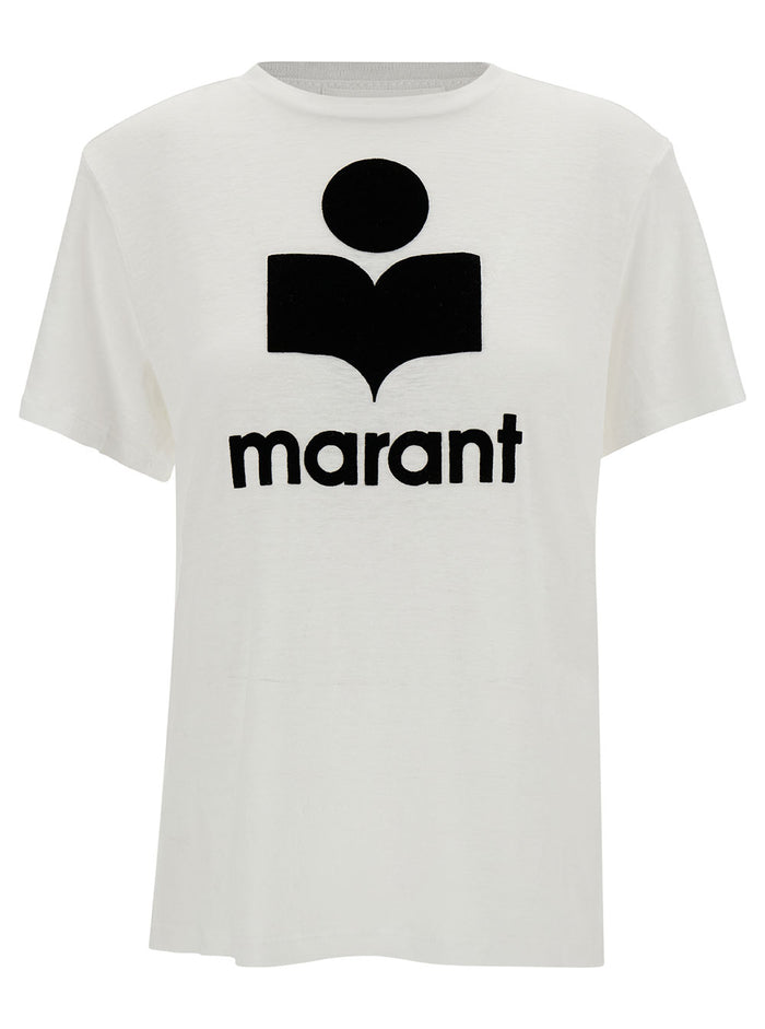White T-Shirt with Contrast Logo Print in Linen for Women Tshirts And Polo Shirts