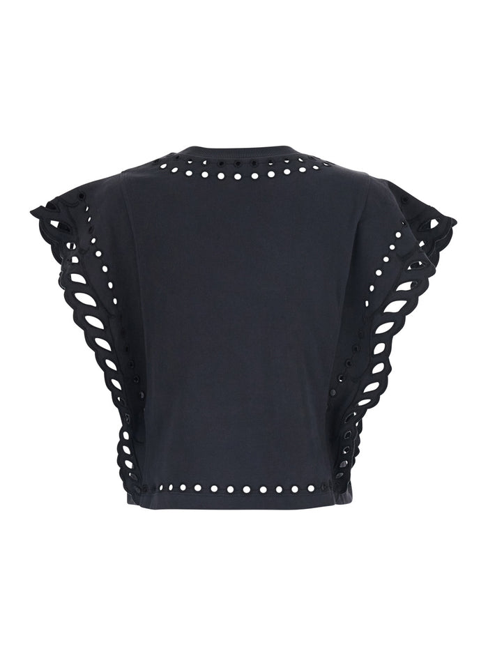 Black T-Shirt Odyle-GC with Round Neck and Short Sleeves in Cotton for Women Tops