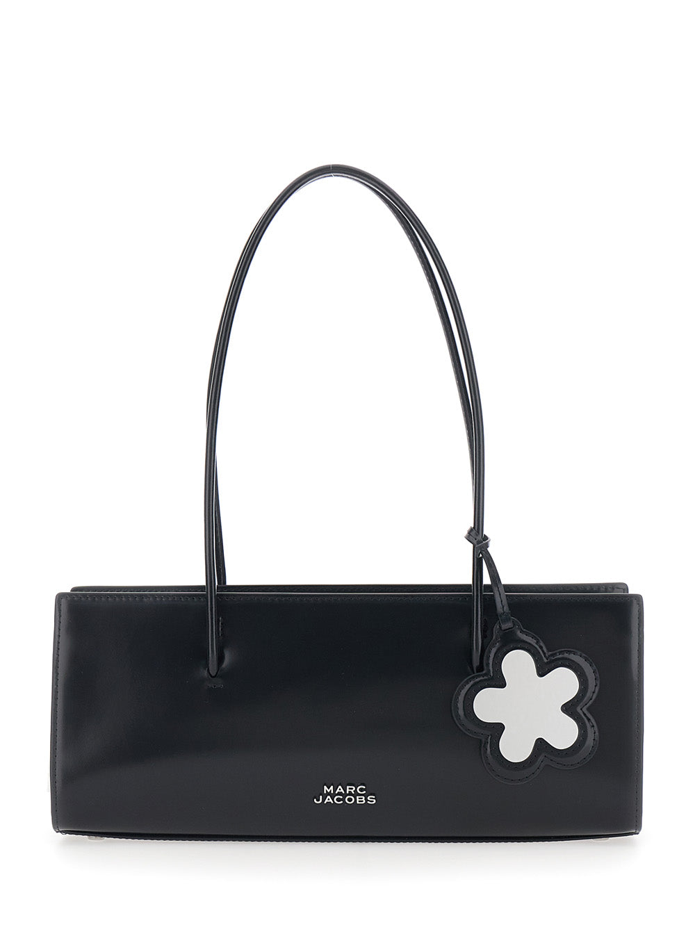 Shoulder Bag The Mirror Satchel with Logo on Front and Leather Flower Charm for Women Black Cow