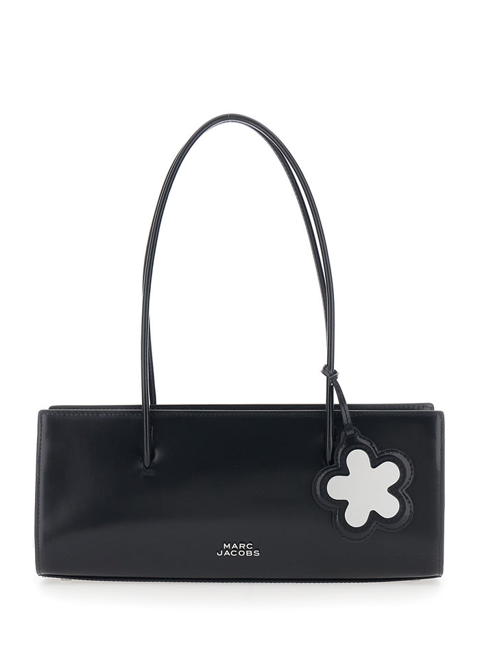 Shoulder Bag The Mirror Satchel with Logo on Front and Leather Flower Charm for Women Black Cow