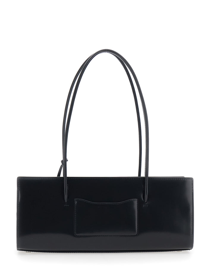Shoulder Bag The Mirror Satchel with Logo on Front and Leather Flower Charm for Women Black Cow