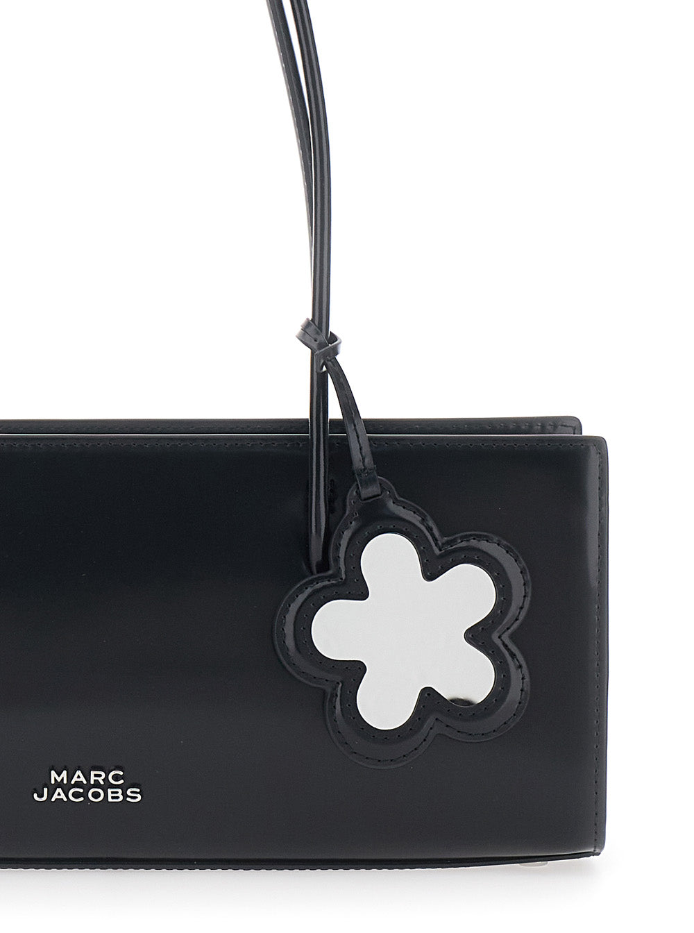 Shoulder Bag The Mirror Satchel with Logo on Front and Leather Flower Charm for Women Black Cow