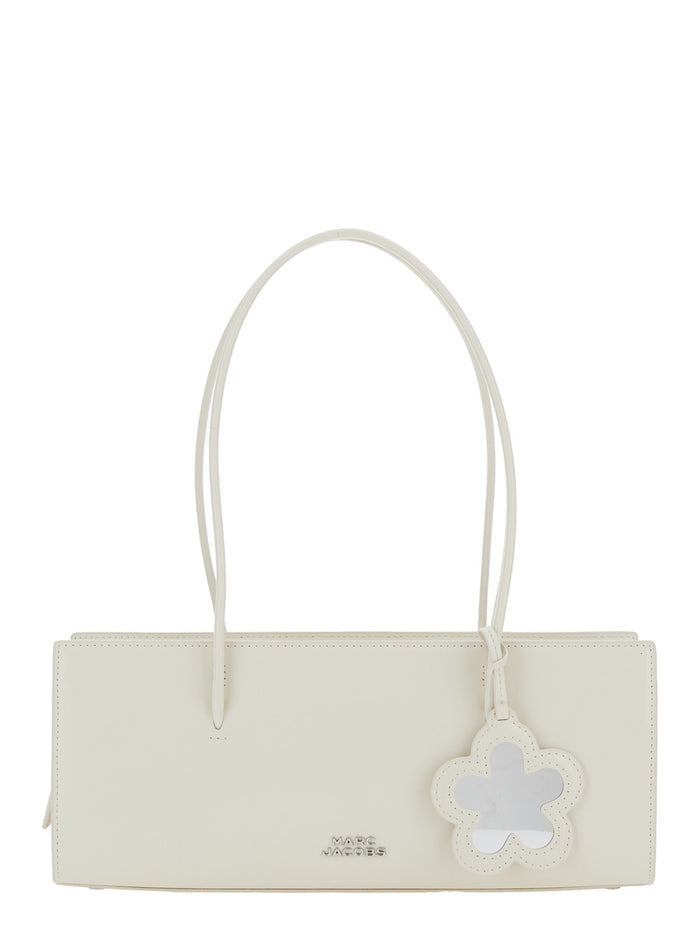 Shoulder Bag The Mirror Satchel with Logo on Front and Flower Pendant in White Leather for Women Cow