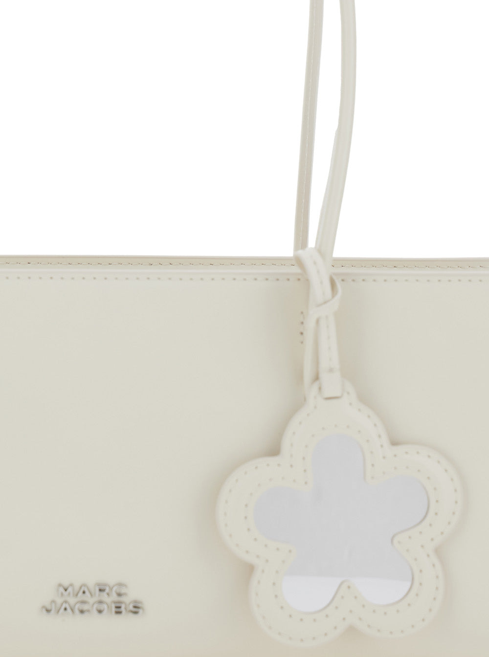 Shoulder Bag The Mirror Satchel with Logo on Front and Flower Pendant in White Leather for Women Cow