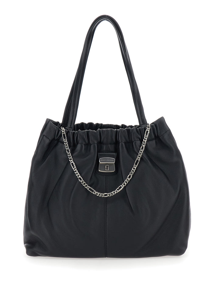 Shoulder Bag The Tote with Chain Detail and Drawstring Closure in Black Leather for Women Lamb