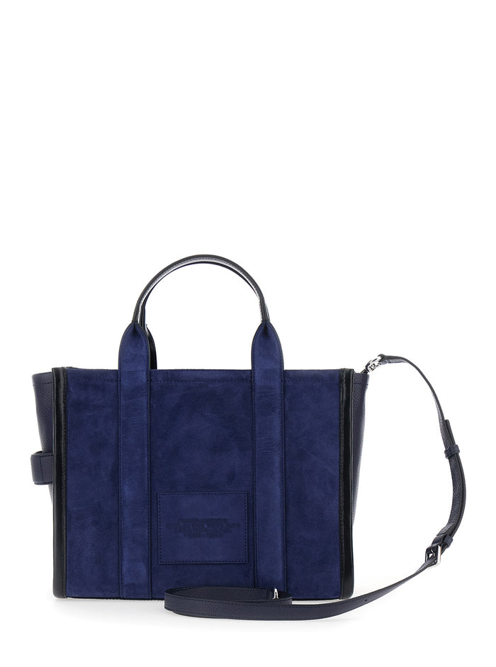 Handbag The Medium Tote with Logo Lettering on Front and Adjustable Removable Suede Strap Blue Women Blu Cow Leather Hand Bags