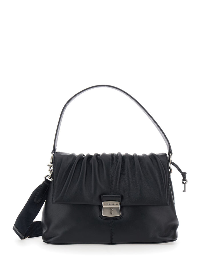 Shoulder Bag The Messenger with Ruching Design and Leather Logo Lettering for Women Black Lamb