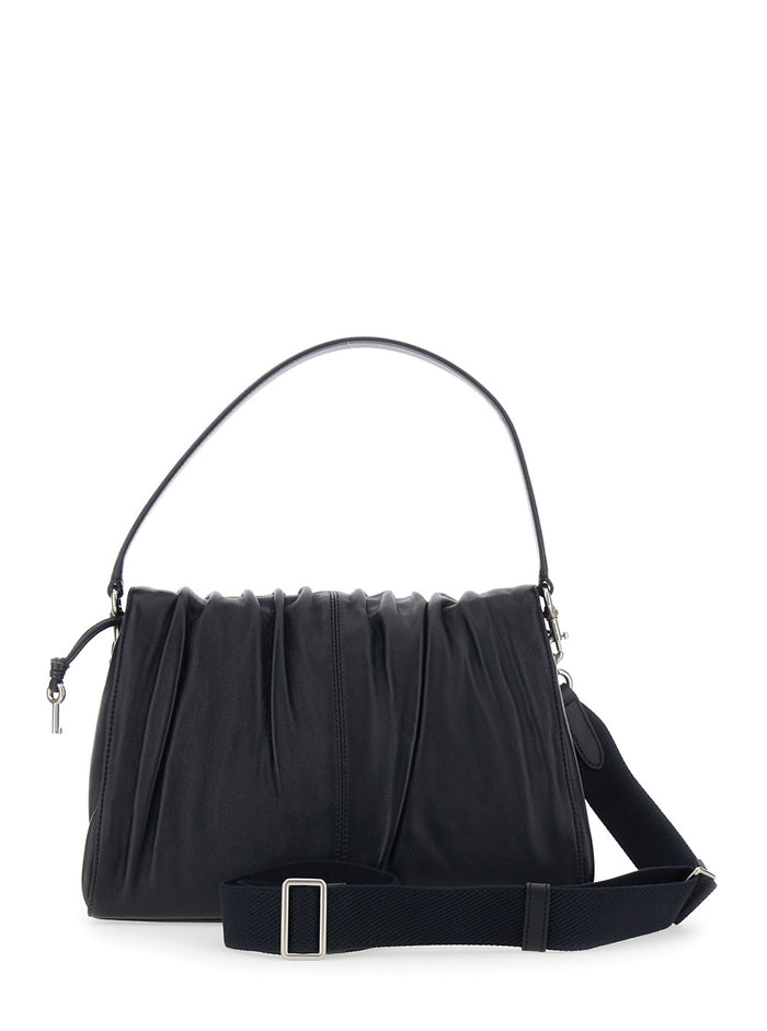 Shoulder Bag The Messenger with Ruching Design and Leather Logo Lettering for Women Black Lamb