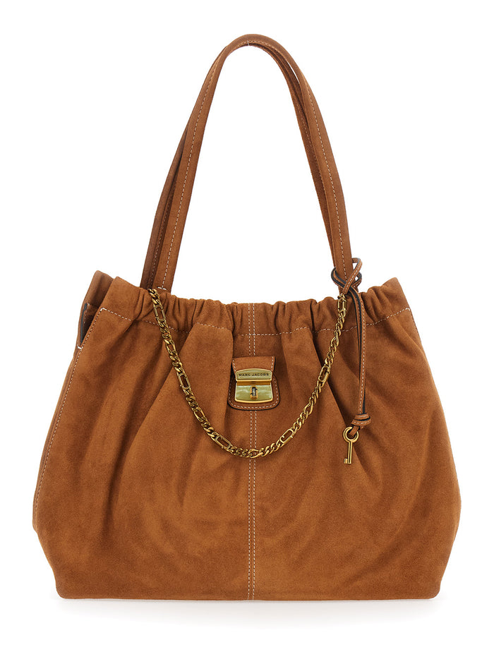 Shoulder Bag The Tote with Chain Detail and Drawstring Closure in Brown Suede for Women Cow Leather