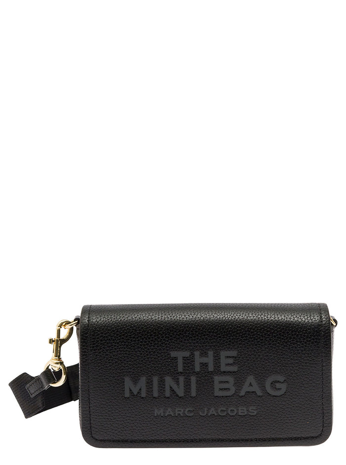 Mini Crossbody Bag with Engraved Logo in Black Pebbled Leather for Women Cow