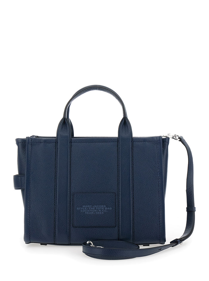 The Tote Bag Media with Printed Logo on Hammered Blue Leather for Women Blu Cow Hand