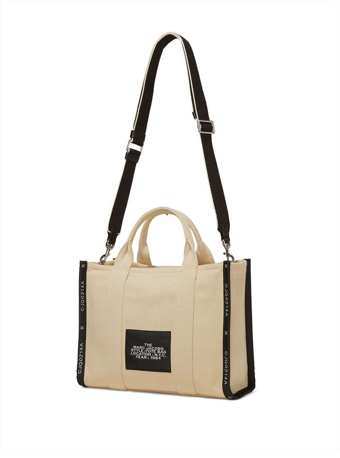 Handbag Small Tote with Contrasting Embroidered Logo in Ecoleather and Polyester Beige Women Cotton Hand Bags