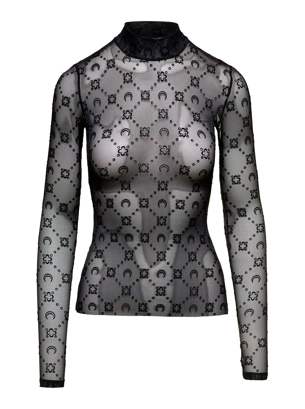 Black Semi-Transparent Sweater with Flocked Monogram in Elastic Polyamide for Women Elastane Tops