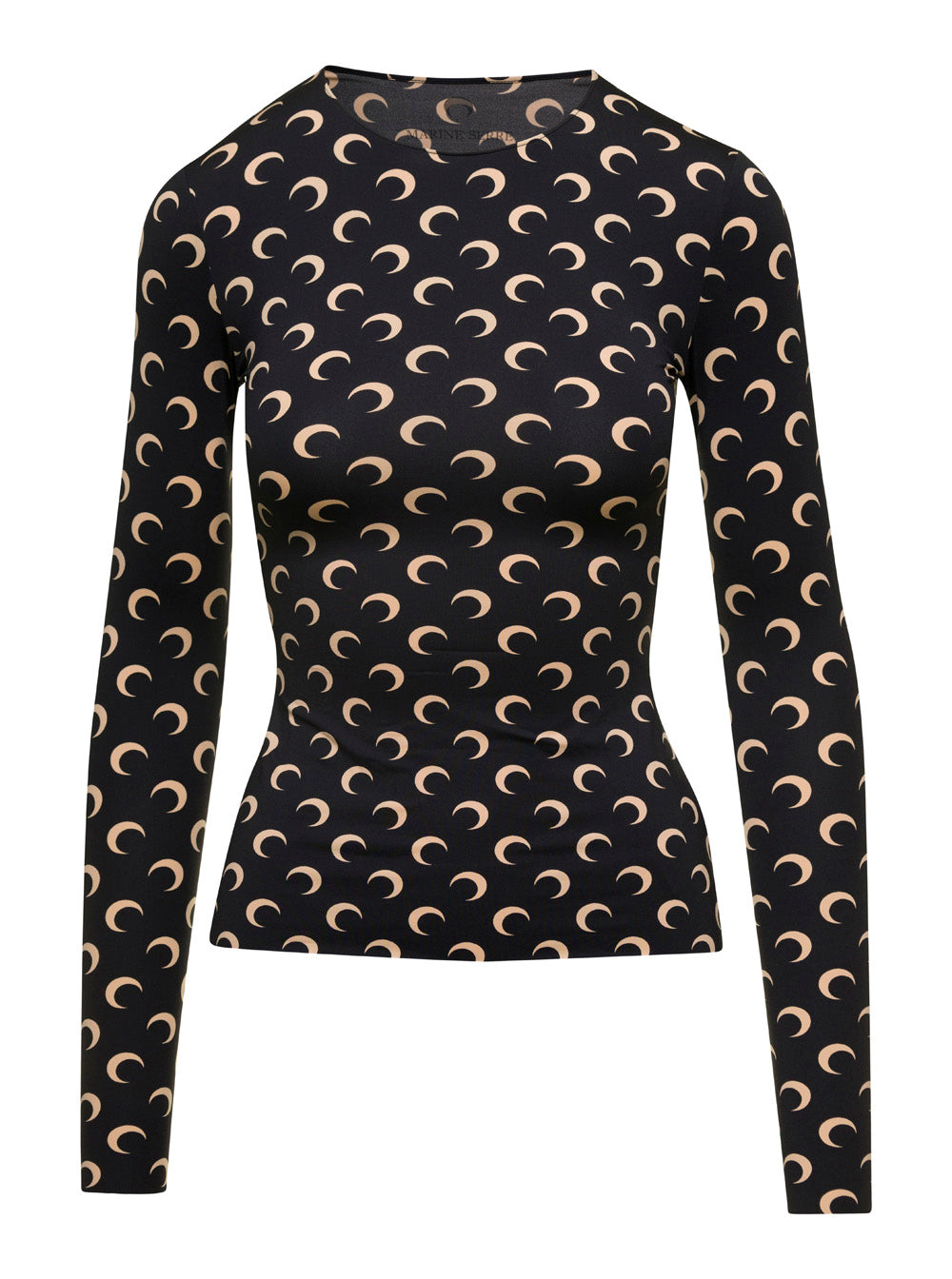 Black Crewneck T-Shirt with All-OVer Crescent Moon Print in Tech Fabric Stretch Woman Polyamide Elastane Tops