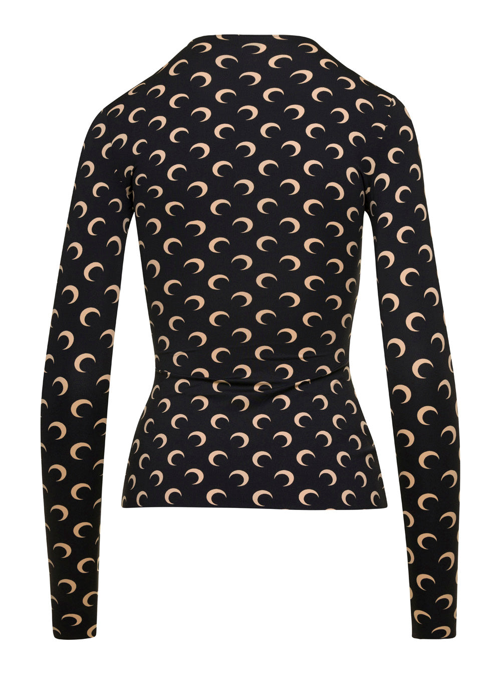 Black Crewneck T-Shirt with All-OVer Crescent Moon Print in Tech Fabric Stretch Woman Polyamide Elastane Tops