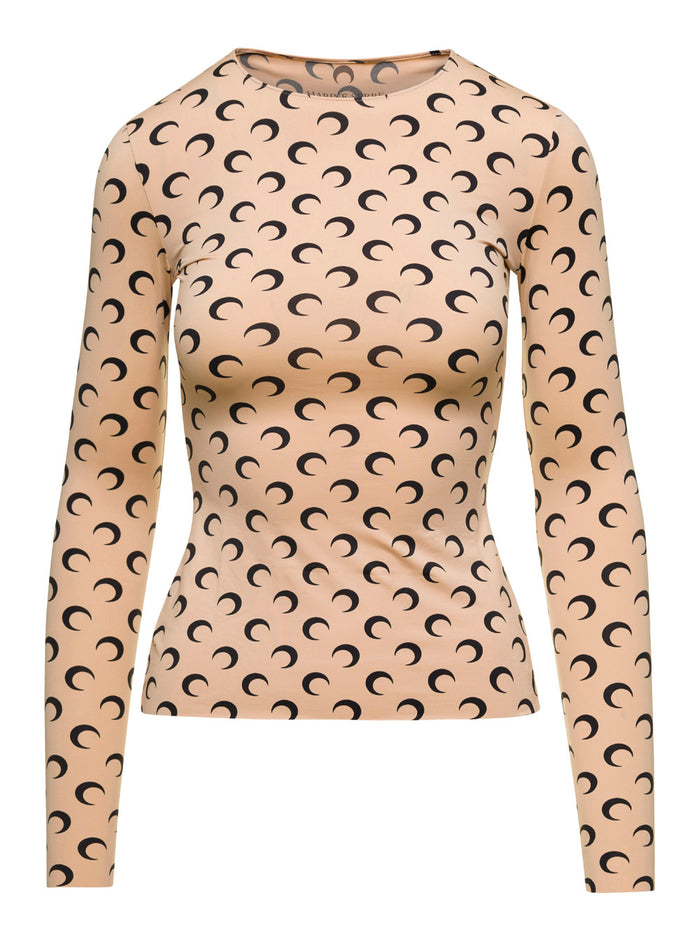 T-Shirt Crescent Moon Beige with All-Over Print in Tech Fabric Stretch Women Polyamide Elastane Tops